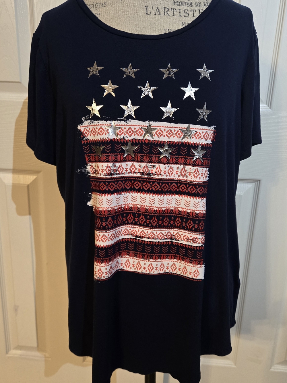 Westport Navy Short-Sleeve Graphic Tee with Silver Stars and Red-White Pattern